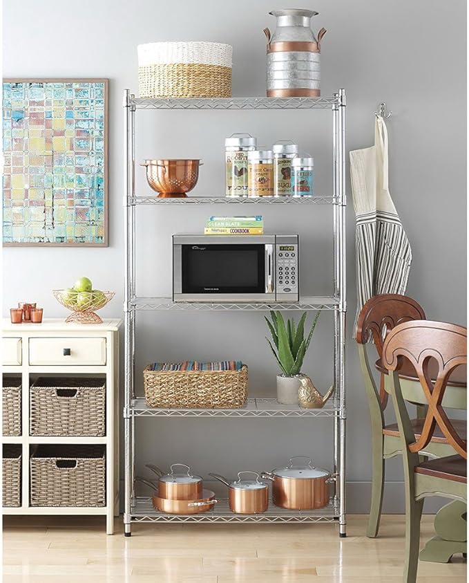 5 Tier Storage Racks Shelving, Heavy Steel Pantry Shelves, Adjustable Wire Shelving Rack, Suitable for Garage, Kitchen, Bathroom, Office, 35" W x 14" D x 71" H, Chrome
