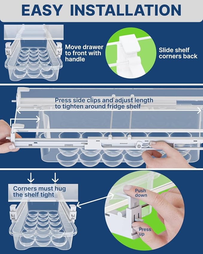 Skywin TidyFriend Refrigerator Egg Drawer 14"x7.5"x3.95" – Snap-On Egg Holder with Pull-Out Drawer, Holds 18 Eggs, Fits Flat Fridge Shelves 14.1–16.3 in Long and 0.93–1.32 in Thick