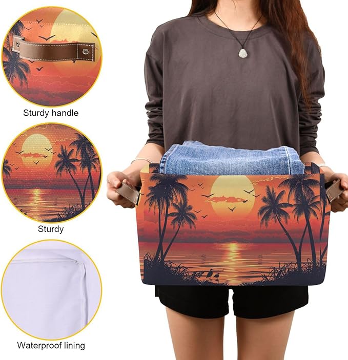 xigua Summer Palm Trees Storage Basket Collapsible Storage Bins Waterproof Canvas Storage Basket with Leather Handles for Home Closets Offices,Bedrooms,Gift Baskets,2PCS