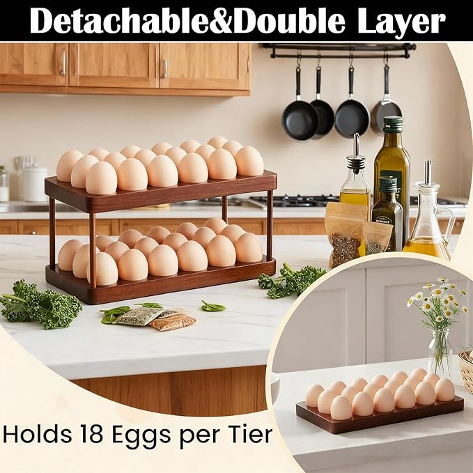Linwnil Acacia Wood Egg Holder for 36 Eggs, Rustic Countertop and Refrigerator Storage Tray, Farmhouse Kitchen Organizer with 1.5" Holes, Easy Clean Deviled Plates for Easter Decor,11.5" x 5.75" (2)