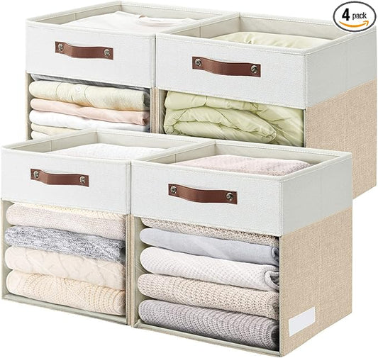 Bagnizer Storage Cubes, 4 Pack Linen Foldable Storage Bins with Clear Window and 2 Handles, 13x15x13 Storage Cube Bins for Shelf Closet, Kallax, Clothes, Books - (Beige and White)