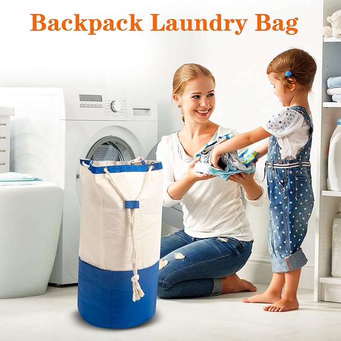 NAHADS Blue single-shoulder backpack-style laundry bag made of durable canvas material with a drawstring closure design, suitable for use at university, camping, laundromats, and apartments.