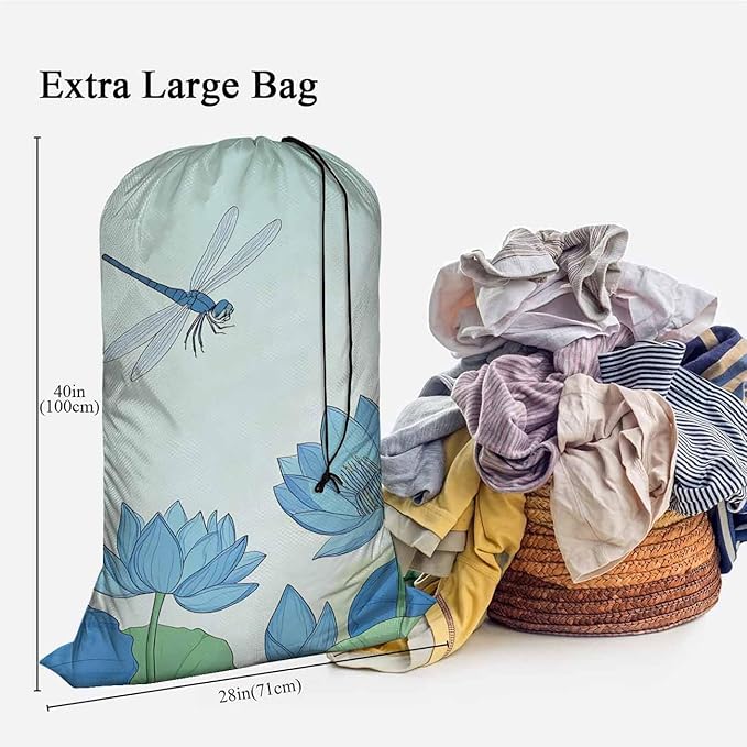 Swono Lotus Flower Laundry Bag with Strap Machine Washable Large Dirty Clothes Organizer Dragonfly Summer Floral Pond Blossom Botany Easy Fit Laundry Hamper or Basket, Carry Up to 4 Loads of Laundry