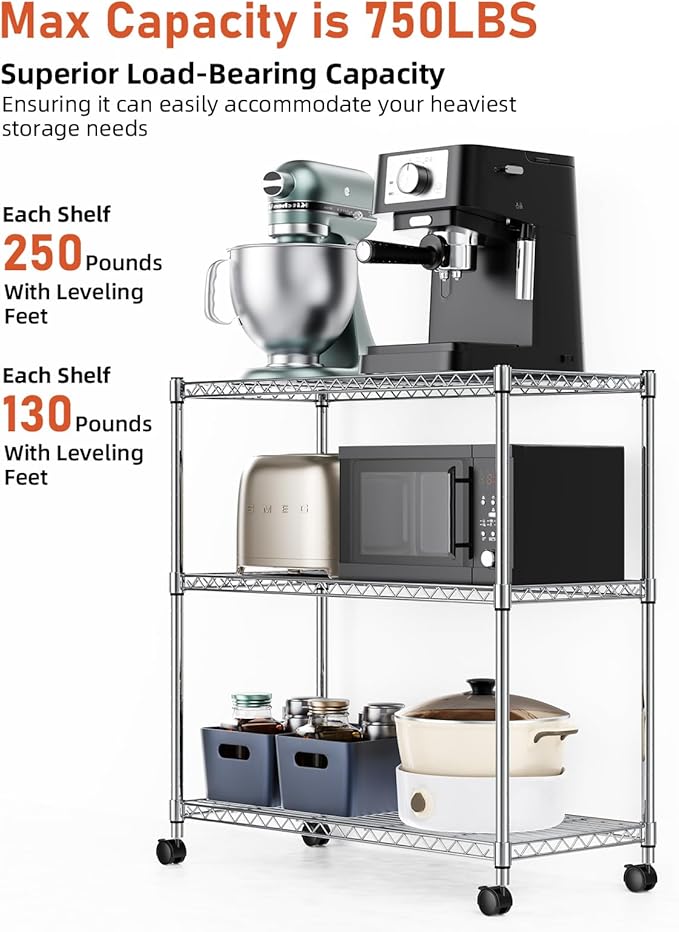 Simple Deluxe 3-Tier Heavy Duty Storage Shelves 750Lb Capacity, 24.02" D x 13.78" W x 29.92" H Adjustable Shelving Unit with Wheels, Chrome