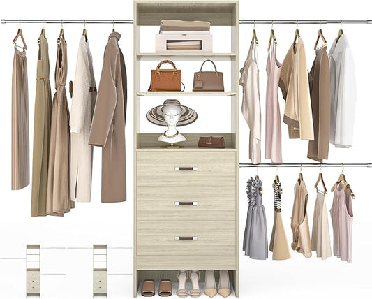 Besiost 96'' Closet Organizer System with 3 Hanging Rods, 8FT Closet Organizers and Storage with 3 Wooden Drawers, Built in Closet Organizer Systems, Adjustable Walk-in Wardrobe from 2-8FT, White Oak