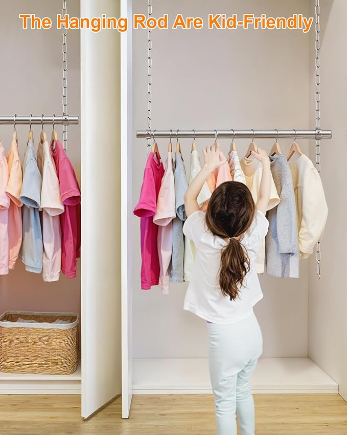 Hanging Closet Rod, Adjustable Width and Height Closet Rods Extender, 17-52inch Heavy-Duty Stainless Steel Bar, Space-Saving Closet Rod Hanging Clothes, 2Pack(Silver)