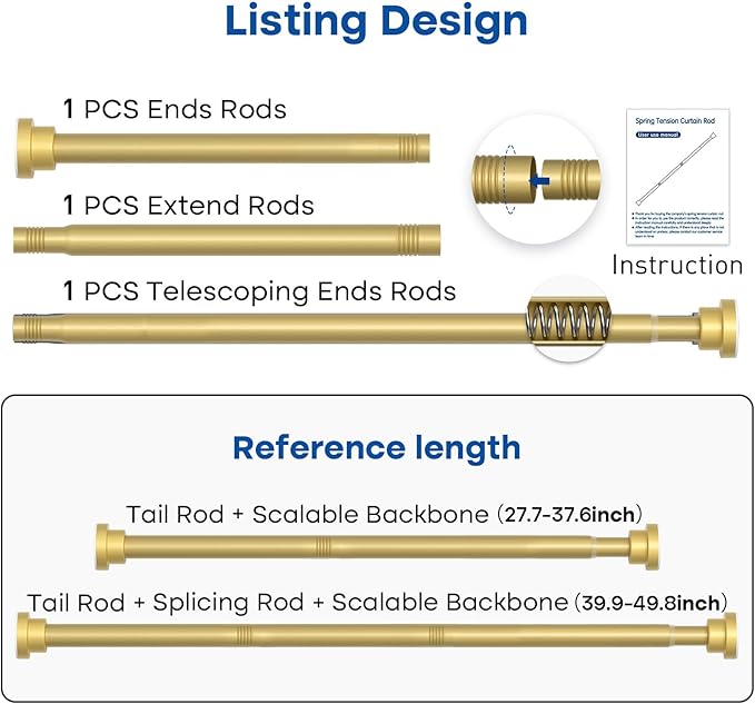 Tension Rod for Windows 28 to 48 Inch Spring Curtain Rods No Drilling 7/8" Diameter Gold Tension Rods Adjustable Curtain Rods Expandable Pressure Spring Tension Rods for Closet Doorway Kitchen Door
