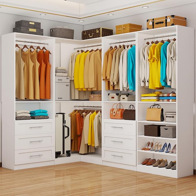 Closet System with 6 Drawers, Corner Closet Organizer System with 9 Rods & Shelves Walk in Wooden Modular Closet Storage System L-Shaped U -Shaped Freestanding 4 Sets, 2500+ Lbs Capacity White
