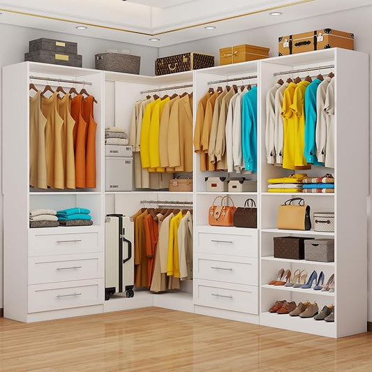 Closet System with 6 Drawers, Corner Closet Organizer System with 9 Rods & Shelves Walk in Wooden Modular Closet Storage System L-Shaped U -Shaped Freestanding 4 Sets, 2500+ Lbs Capacity White