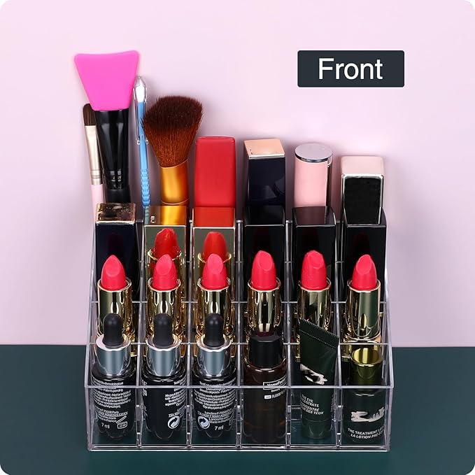 MOSIKER Lipstick Organizer,Small Clear Plastic Compact Lip Gloss Chapstick Perfume Sample Mascara Holder with 24 Slots