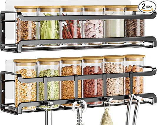 Bunoxea Spice Rack wall mounted 2 Pack, Space-Saving Spice Organizer for Spice Jars and Seasonings,Screw or Adhesive Hanging Spice Rack Organizer for Your Kitchen Cabinet,or Pantry Door