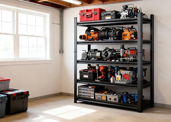 72''H Garage Shelving Heavy Duty Storage Shelves for Garage, Multi-Size Adjustable 5 Tier Shelving Unit, Metal Garage Shelving for Industrial, Basement, Warehouse (72''Hx40''Wx14''D, Black)