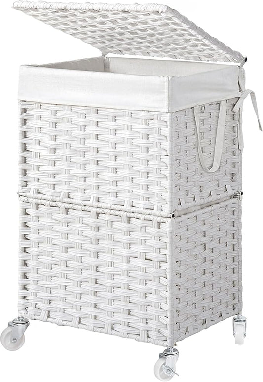 Chrislley 90L Slim Laundry Hamper with Wheels, Rolling Laundry Basket with Lid and Renovable Liner Bag, Handwoven Rattan Organizer for bedroom, bathroom, laundry room (White)