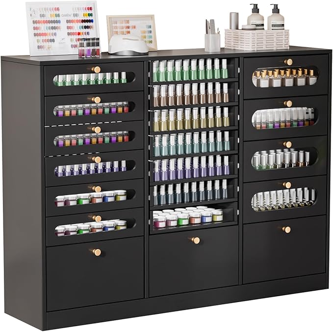 OmySalon Nail Polish Organizer Cabinet with Drawers, 47.2" L Large Nail Salon Storage for Polish & Powder, 7 Clear & 10 Visual Drawers, Wooden Beauty Salon Furniture (Black)