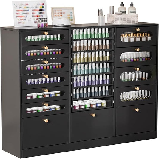 OmySalon Nail Polish Organizer Cabinet with Drawers, 47.2" L Large Nail Salon Storage for Polish & Powder, 7 Clear & 10 Visual Drawers, Wooden Beauty Salon Furniture (Black)
