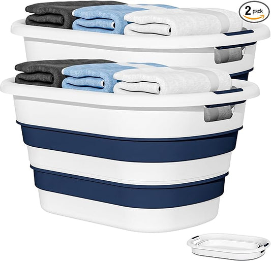 OOAMBB 43L(11.5Gallon) Collapsible Laundry Baskets plastic, Pop Up Laundry hamper/Storage Container, Foldable Laundry Basket with Large Capacity,Sturdy,Space Saver (Blue, 2 Packs)