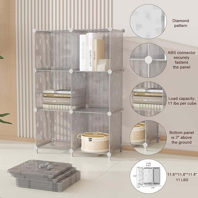 UNKU Cube Storage Organizer, 6 Cube Closet Organizer Storage Shelves, DIY Stackable Bookcase, Clothes Organizer Shelf for Closet, Bedroom, Living Room, Cabinet, Home, Office, Translucent