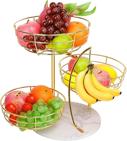 Livabber Fruit Basket Bowl with Banana Hanger, Metal Fruit Vegetable Storage Basket with Banana Holder for Kitchen Counter, Detachable Organizer for Bread Snack Produce (Gold, 3-Tier Marble Base)