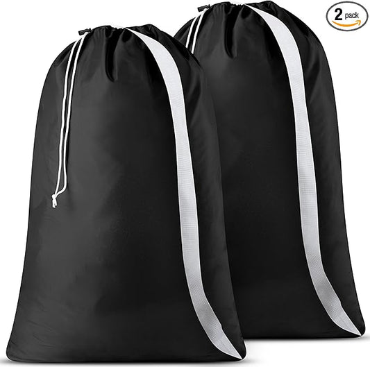 Laundry Bag Shoulder Strap Extra Large - 2-Pack Drawstring Locking Closure, Durable Material, Heavy Duty Stitching, Hands Free Carrying - Perfect College Dorm (Black, 30" x 40")