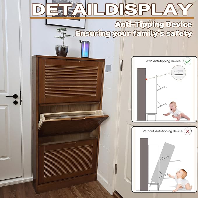 Solid Shoe Storage Cabinet with 3 Flip Drawers, Narrow Wood Shoe Organizer Cabinet with Fluted Panel, Slim Shoe Rack for Entryway, Freestanding Shoe Cabinet for Entryway Hallway Foyer ，Walnut