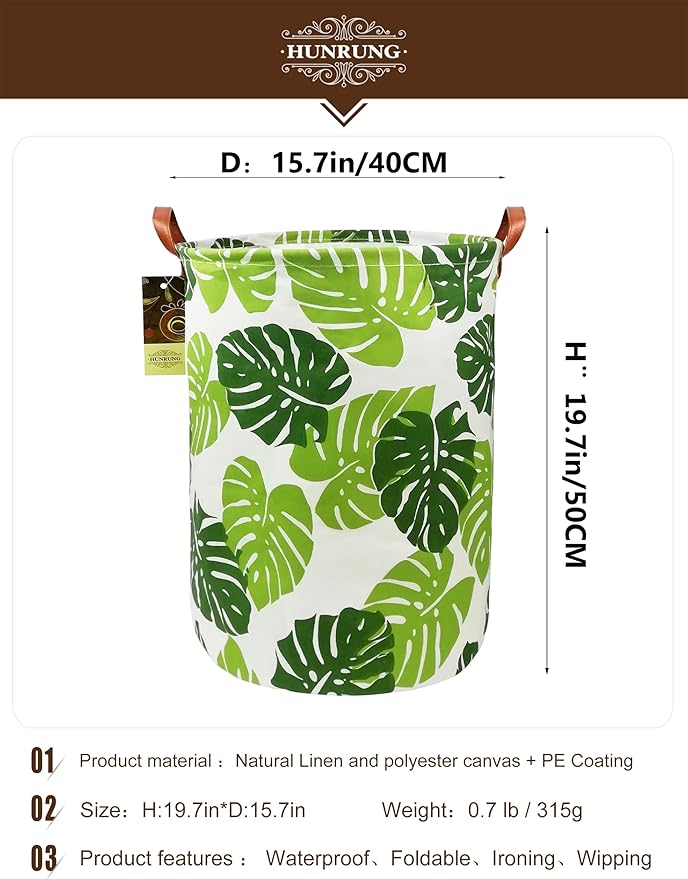 HUNRUNG Collapsible Fabric Storage Basket, Waterproof Laundry Hamper with Handles, Round Storage Bin for Clothes Toys, Foldable Organizer for Bedroom Nursery Bathroom(Round Leaf)