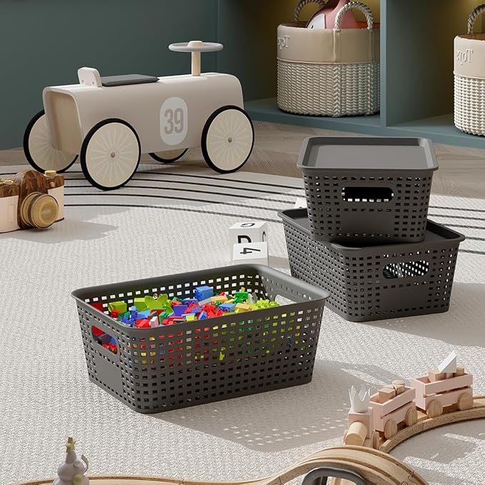 Resze 6-Pack Plastic Storage Bins with Lids, Stackable Organizer Baskets & Containers for Pantry, Kitchen, Cabinet, Closet, Bathroom Organization Toys, Space Saving, Easy-Carry Handles,Gray
