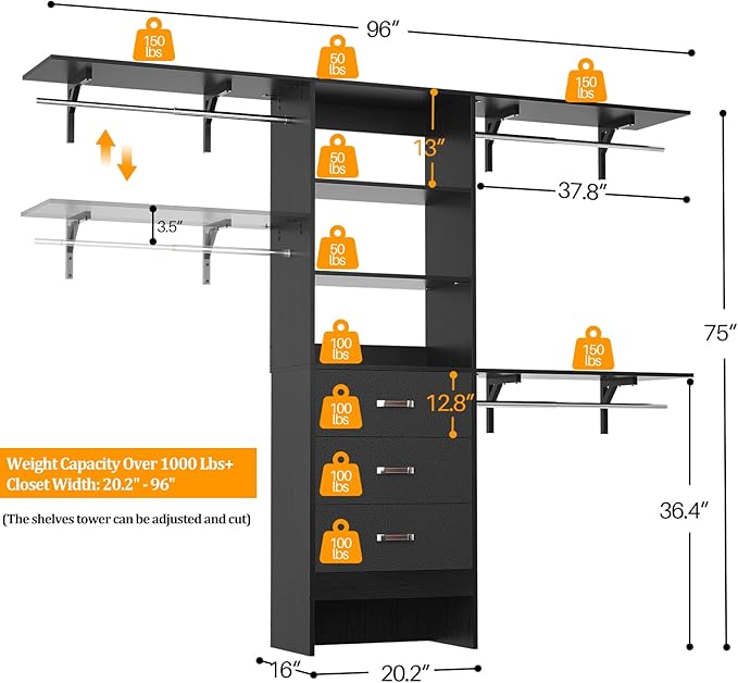 Besiost Closet System with Drawer - 8FT Wood Closet Organizer System with 3 Hanging Rods and Shelving Tower, 96" Walk In Closet Organizer Wardrobe, Heavy Duty Garment Rack Clothes Rack, Black