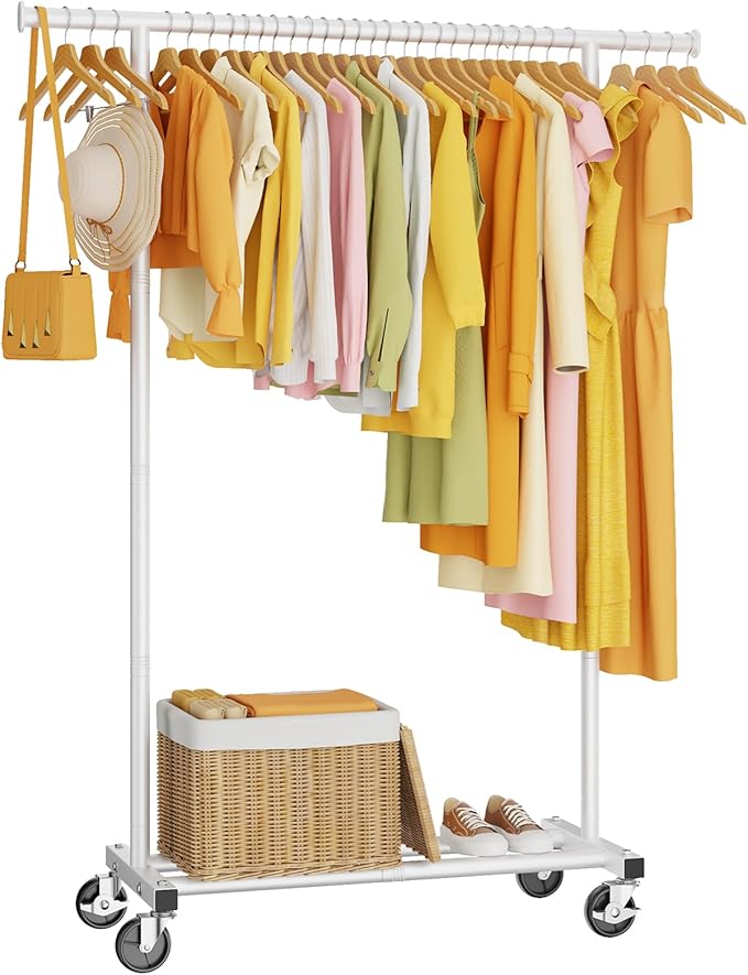 HYSEYY Clothes Rack, Clothing Rack for Hanging Clothes, Rolling Garment Rack Sturdy Coat Rack Portable Wardrobe Rack Metal Closet Rack for Bedroom Laundry Living Room, White