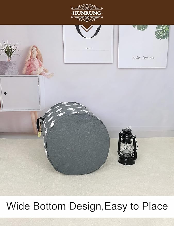 HUNRUNG Collapsible Fabric Storage Basket, Waterproof Laundry Hamper with Handles, Round Storage Bin for Clothes Toys, Foldable Organizer for Bedroom Nursery Bathroom(Round-Grey Baseball)