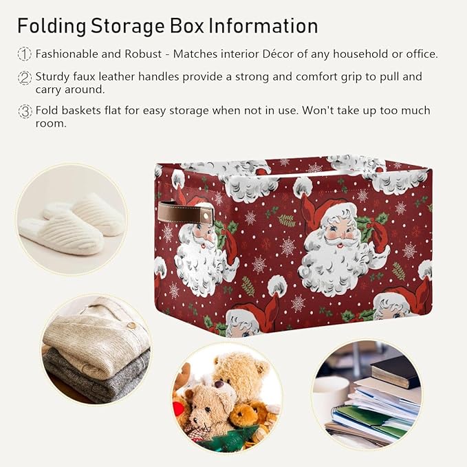xigua Christmas Decoration Storage Basket Santa Collapsible Storage Bins Waterproof Canvas Storage Basket with Leather Handles for Home Closets Offices,Bedrooms,Gift Baskets,1PCS