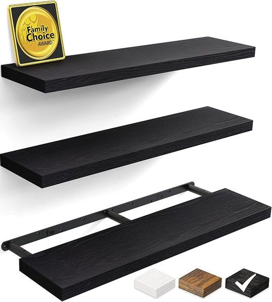 BAYKA Floating Shelves for Wall, Set of 3, 36 Inches Long Wall Mounted Rustic Wood Shelves for Bathroom, Bedroom, Living Room or Kitchen, for Book/Storage/Decor with 30lbs Capacity - Black