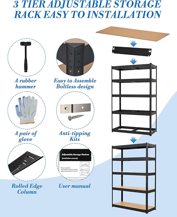 Garage Storage Shelves,36x24x72 Garage Shelving Heavy Duty Metal Adjustable Garage Shelves,5-Tier Adjustable Shelving Units,Loads 2500 LBS,Metal Storage Utility Racks for Warehouse