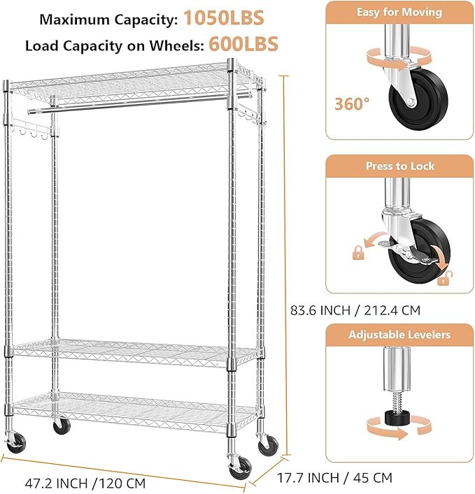 M MZG Heavy Duty Rolling Garment Rack 3 Tiers Adjustable Wire Shelving Clothes Rack with Rods and Side Hooks,Storage Closet Clothing Rack with Wheels Chrome 17.7" D x 47.2" W x 83.6" H