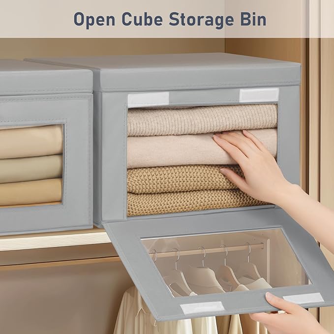 Homsorout Large Storage Bins with Lids - Fabric Collapsible Closet Storage Organizer with Window & Handles, Stackable Decorative Storage Boxes for Clothes, Blankets, Sweaters, 4 Pack, Grey