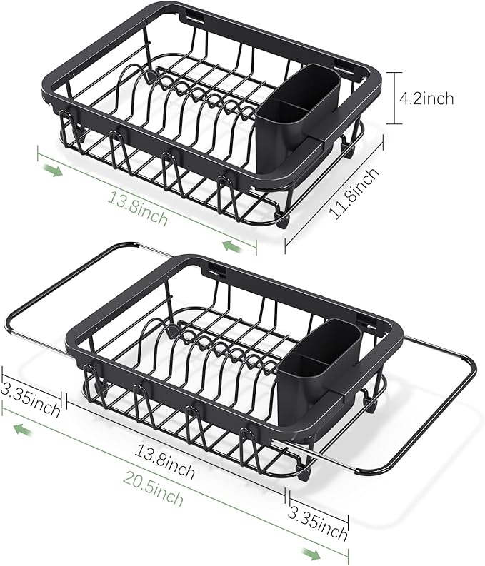 Urackify Expandable Dish Drying Rack Over The Sink, Adjustable Dish Rack in Sink, Rustproof Dish Drainer for Kitchen Counter, Dish Strainer with Utensil Holder, Black