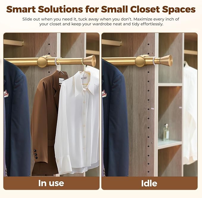 12" Pull-Out Valet Rod for Closet Organization, Add Extra Hanging Space 304 Stainless Steel Closet Rods, Space-Saving Design for Small Closets, Golden