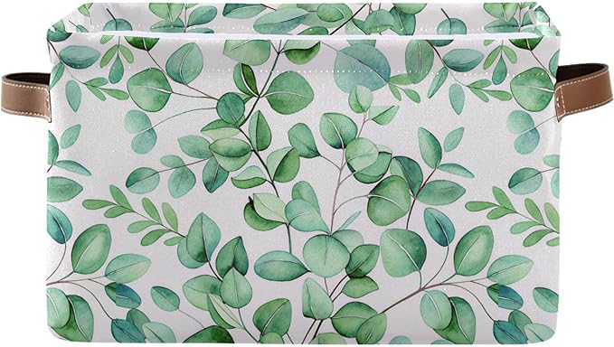 xigua Green Leaves Storage Basket Collapsible Storage Bins Waterproof Canvas Storage Basket with Leather Handles for Home Closets Offices,Bedrooms,Gift Baskets,1PCS