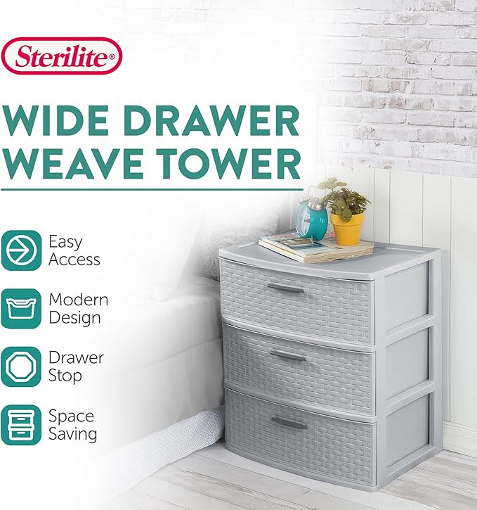 Sterilite 2 Pack 3 Drawer Wide Storage Tower, Plastic Weave Organizer, Cement - Lightweight Opaque Container for Bedrooms, Closets, or Bathrooms