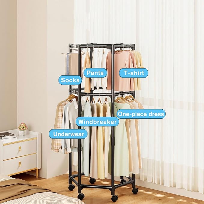 Clothes Rack with Wheels, Hexagonal Rolling Clothing Rack for Hanging Clothes, Clothes Drying Rack, Garment Storage for Bedroom, Laundry, Balcony (68" H)