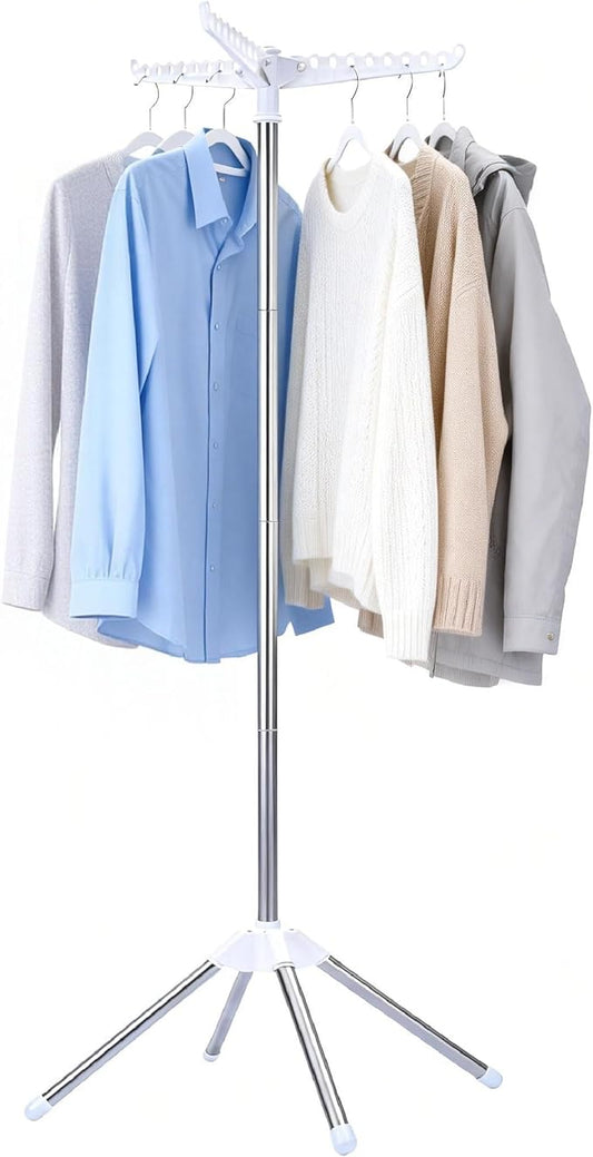 Beaudaily Clothes Drying Rack, Foldable Laundry Drying Rack, Indoor 59-Inch Drying Rack Clothing with 3 Rotatable Arms, Stainless Steel, Holds 27 Pieces, Space Saving, Portable, White and Silver