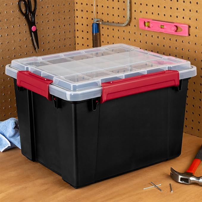 Sterilite 8 Pack Gasket Box, Stackable Plastic 8.5 Gallon Storage Container with Lids, Black - Waterproof and Dustproof Tote for Home Organization
