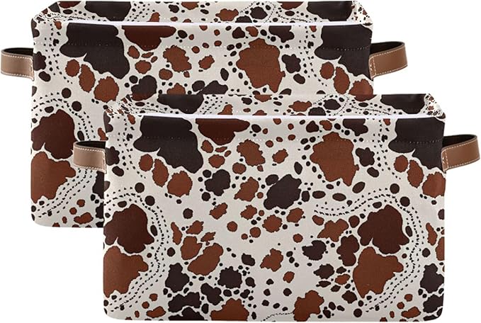 xigua Cow Print Storage Basket Collapsible Storage Bins Waterproof Canvas Storage Basket with Leather Handles for Home Closets Offices,Bedrooms,Gift Baskets,1PCS