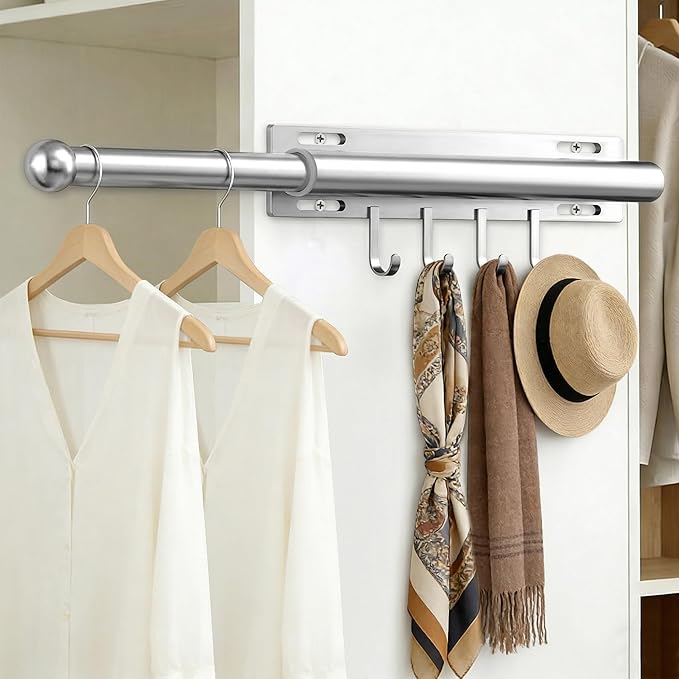 2 Pack Valet Rod for Closet Retractable with 4 Hooks, 13.4"-23.2" Pull Out Clothes Rail, Heavy Duty Alloy Steel Side Mount Wardrobe Bar, Adjustable Organizer for Laundry, Bathroom, Entrance (Nickel)