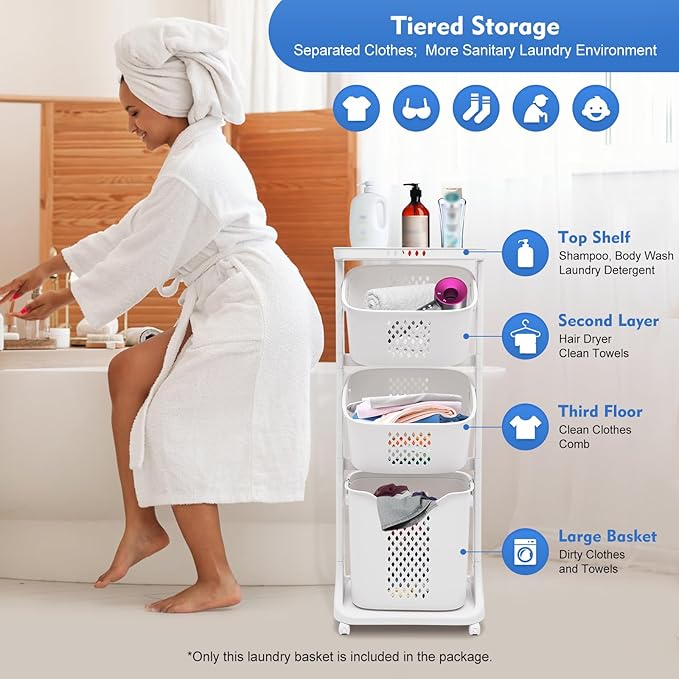 3 Tier Laundry Hamper Basket Sorter, Clothes Storage with Wheels Removable Storage Basket, Laundry Sorter Cart with Handle, Freestanding Clothes Hamper Organizer for Bathroom, Bedroom