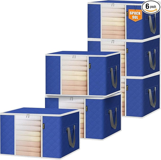 BALEINE 6 Pack Clothes Storage Bags, 24 Gallon Storage Containers with Reinforced Handle, Sturdy Zipper, Closet Organizer for Blanket, Comforter, Pillow, Bedding (Blue, 6 Pack)