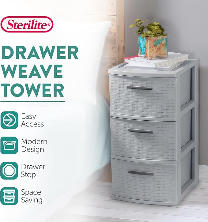 Sterilite 2 Pack 3 Drawer Storage Tower, Plastic Weave Medium Organizer, Cement - Lightweight Opaque Container for Bedrooms, Closets, or Bathrooms