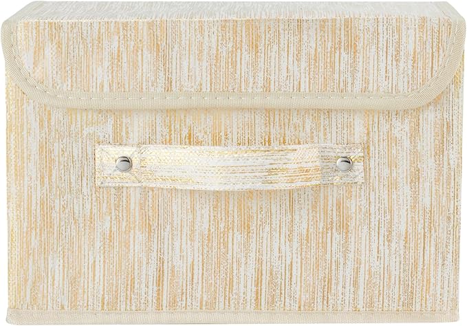 2PCS Decorative Storage Boxes with Lid Luxury Metallic Fabric Storage Bins Organizer Container Collapsible Shelf Basket with Handles for Home Bedroom Closet Office (Gold, Small Size)