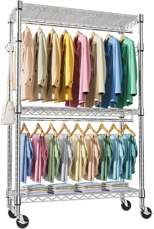 M MZG Heavy Duty Rolling Garment Rack 3 Tiers Adjustable Wire Shelving Clothes Rack with 2 Rods and Side Hooks, Storage Closet Clothing Rack with Wheels Chrome 17.7" D x 47.2" W x 83.6" H