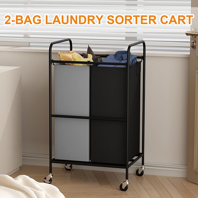 2 Section Laundry Hamper, 80L Large Rolling Laundry Sorter Cart, Laundry Basket with Lockable Wheels & Removable Bags, Laundry Room Organization for Dirty Clothes Storage