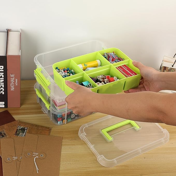 JUXYES 2 Pack 3-Tiers Stack Carry Storage Box With Divided Tray, Transparent Stackable Storage Bin With Handle Lid Latching Storage Container for School & Office Supplies, Green